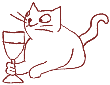 The Plates cat, drawn holding a glass of wine